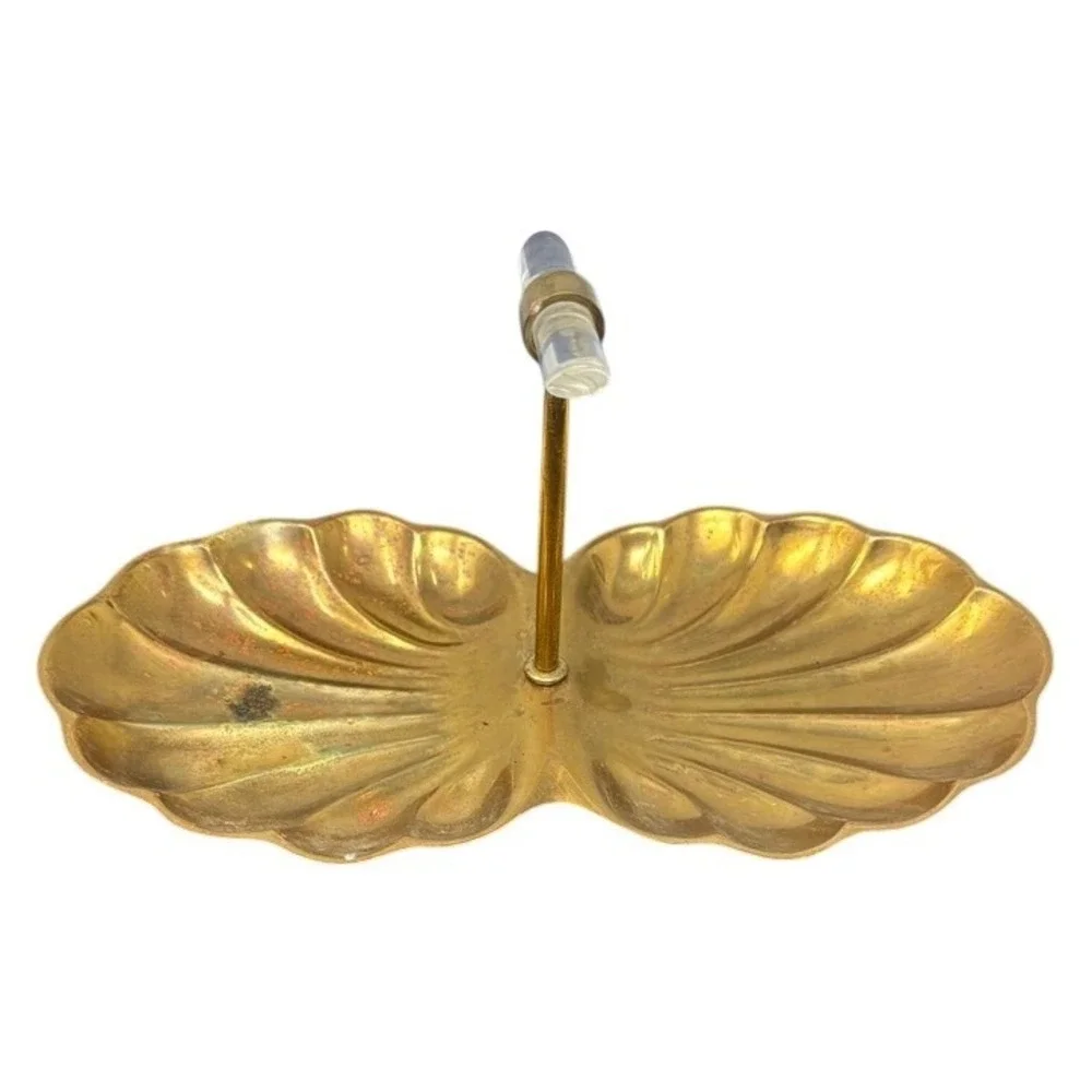 Vintage‎ Brass Double Shell Trinket Dish Candy Nut Server with Lucite Handle